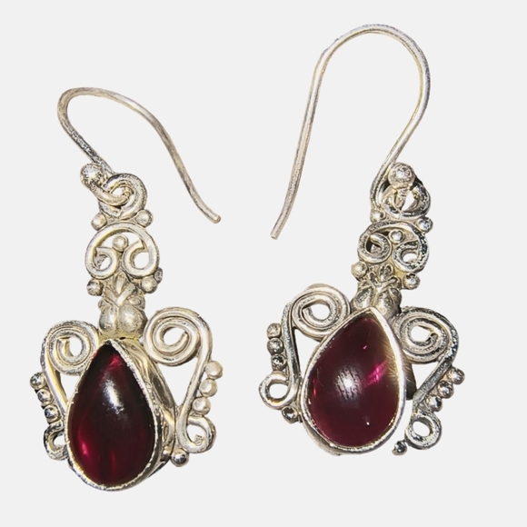 Garnet & Sterling Silver Drop Bali-Style Earrings - Picture 1 of 9